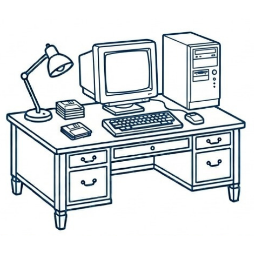 Retro computer desk setup illustration